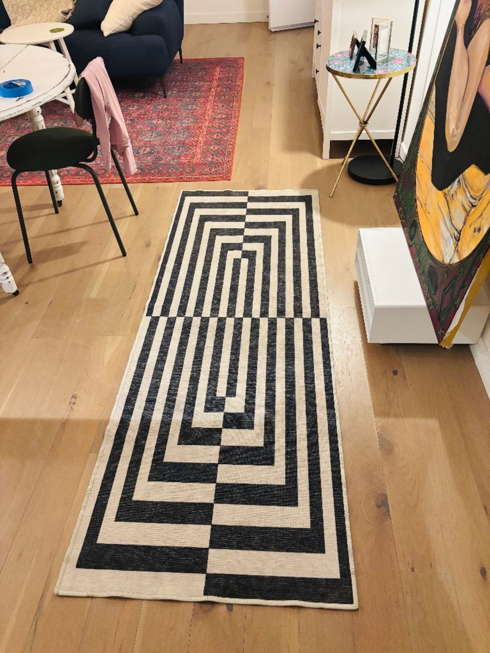Jonathan Adler x Ruggable Op Art Black & Ivory Washable Runner 2x7 + Extra Base